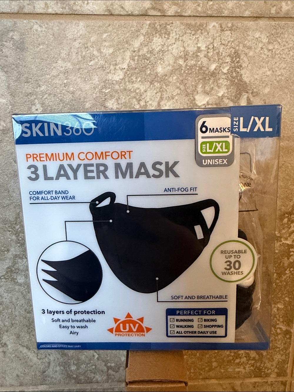 Skin360 3-Layer Reusable Face Masks Unisex (Pack 6, 3 Colors) Size Lg/Xl